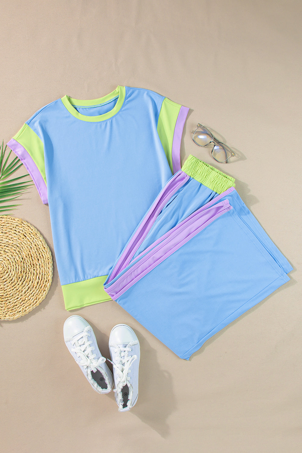 Blue Color Block Detail Casual Two-piece Outfit W.S