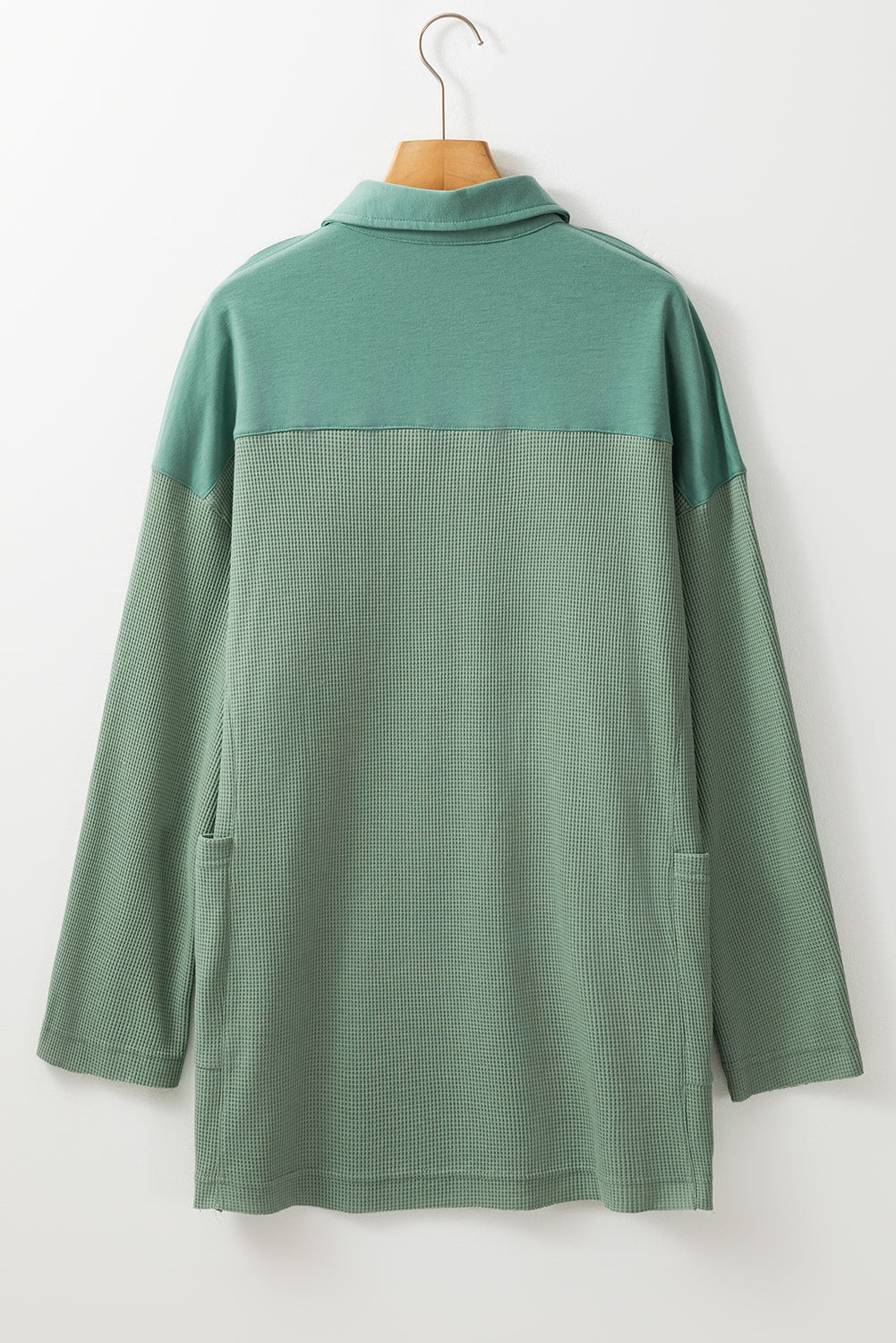 Smoke Green Waffle Half Button Loose Top. GCollection