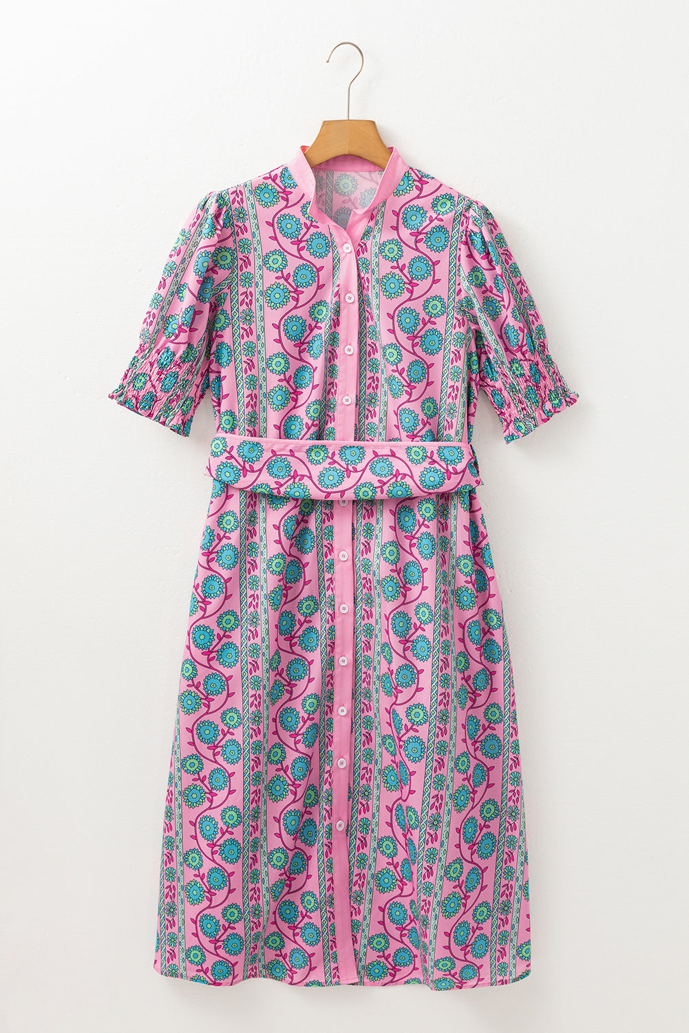 Pink Floral Puff Sleeve Buttoned Front Midi Dress with Sash. GCollection