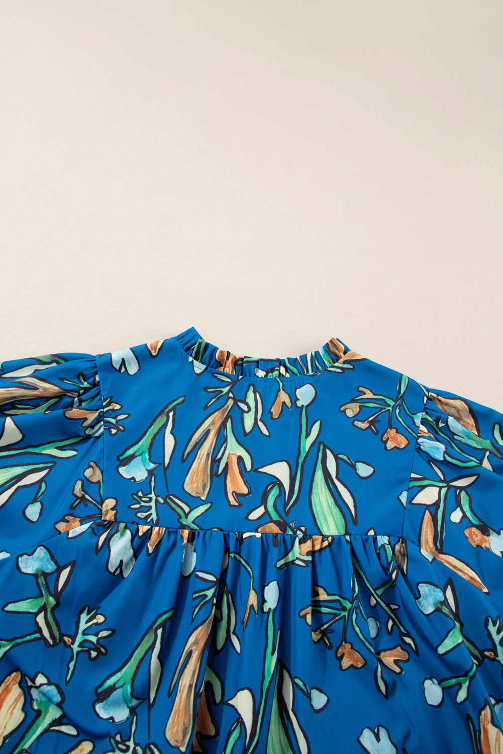Blue Floral Notched V Neck Half Sleeve Plus Size Blouse. PSCollection