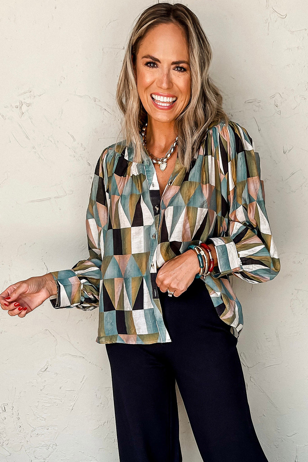 Green Geometric Balloon Sleeve Loose Fit Shirt. GCollection