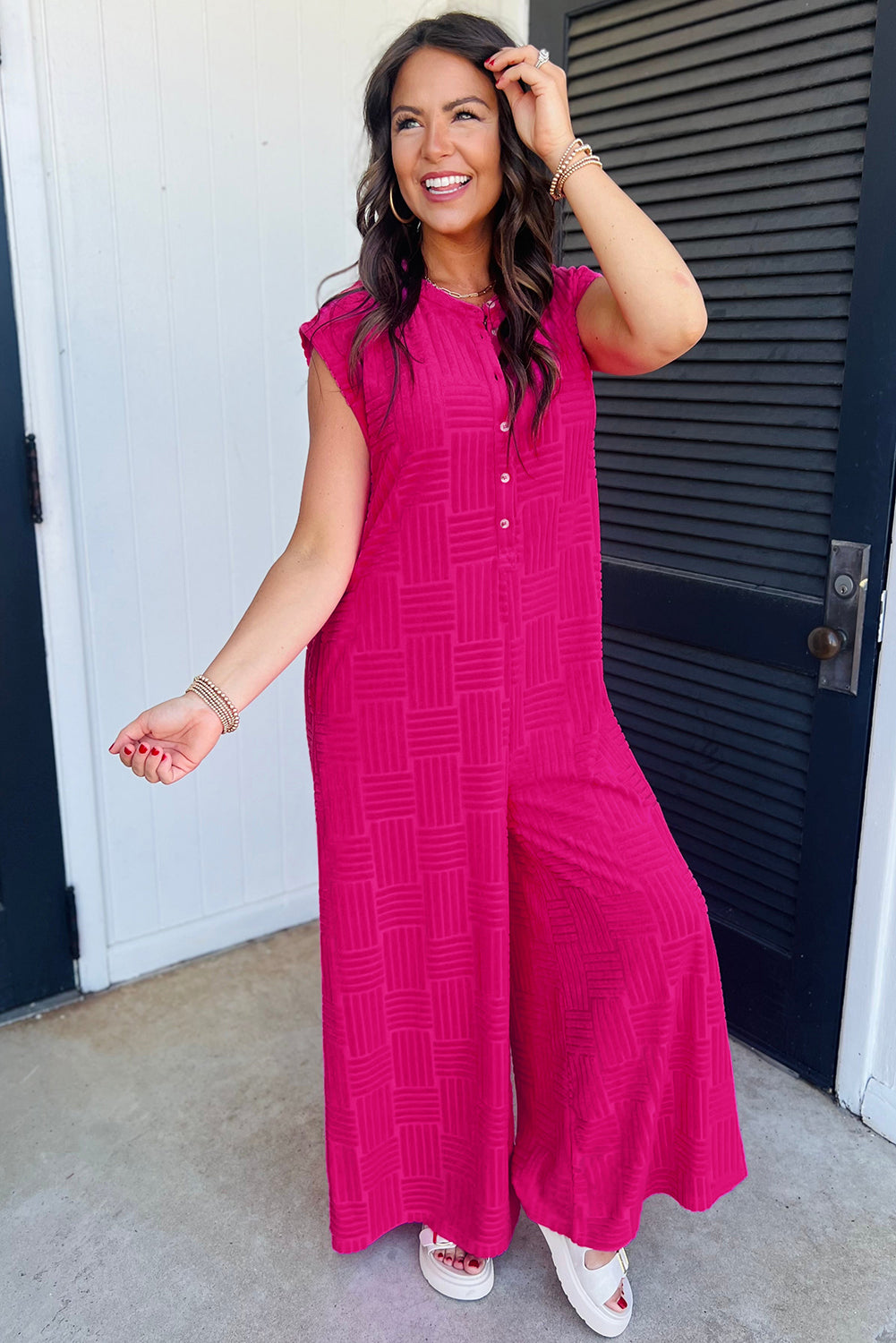 Bright Pink Terry Textured Jumpsuit. GCollection