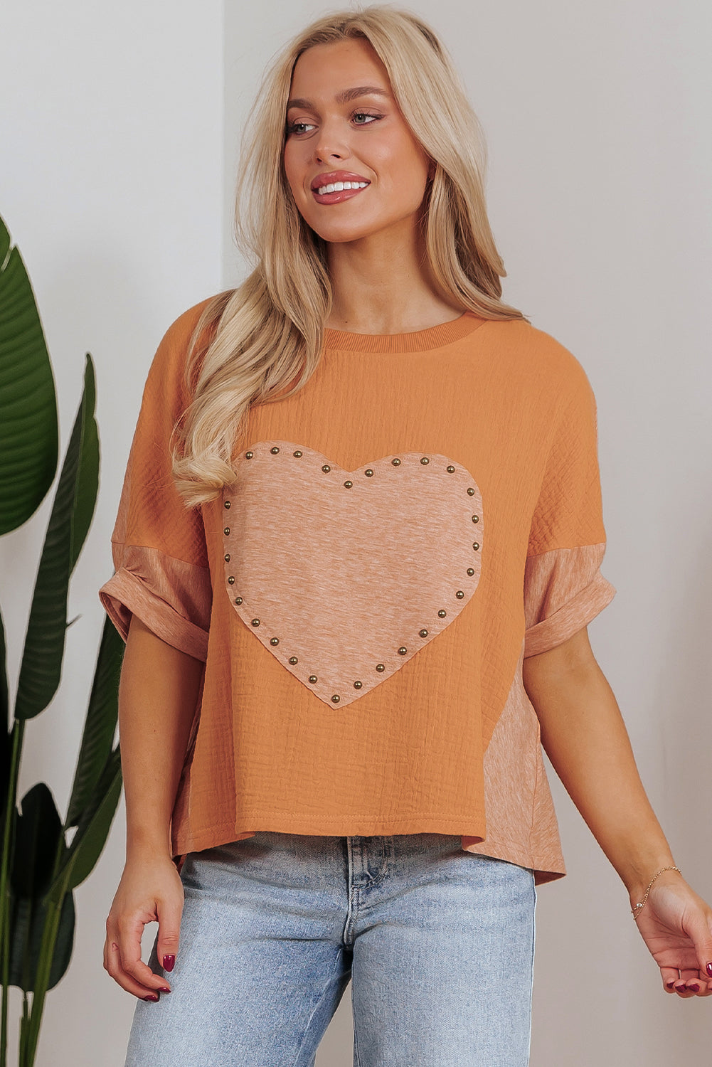 Desert Gold Stud Heart Patch Textured Top. GCollection