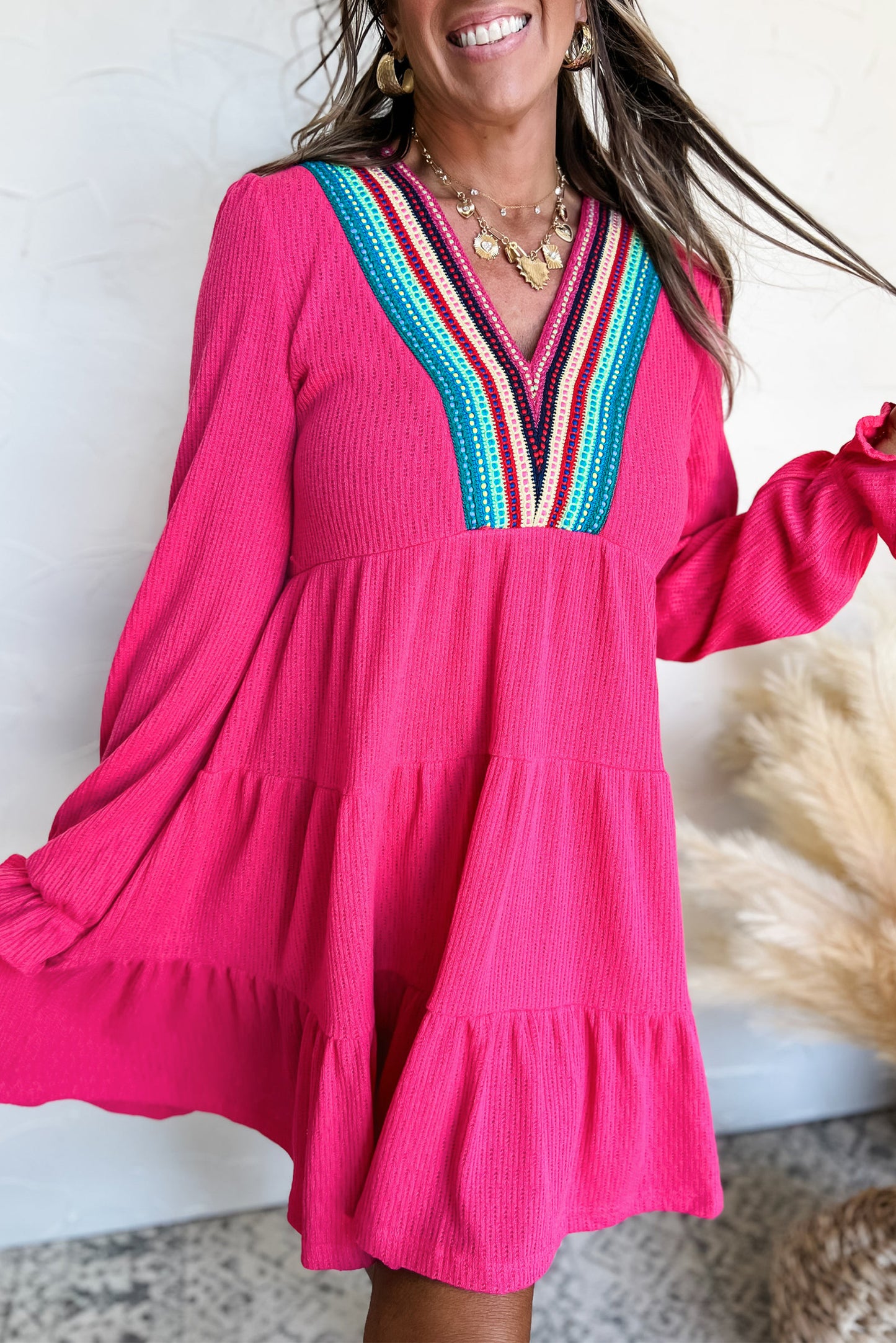 Rose Red Colorful Crochet V Neck Mini Dress. GCollection