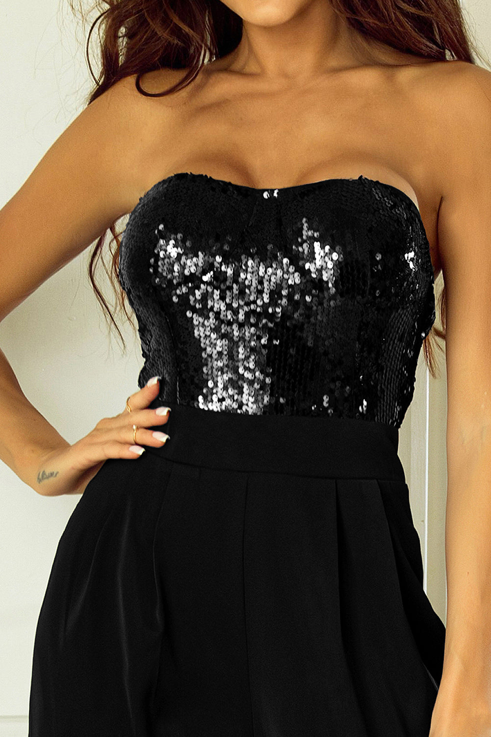 Black Sequin Wide Leg Jumpsuit. GCollection
