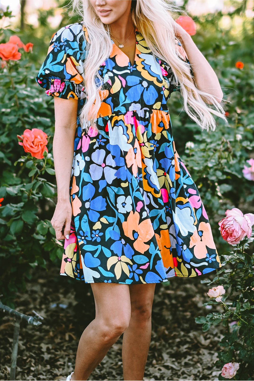 Blue Collared Split Neck Floral Flared Dress. GCollection