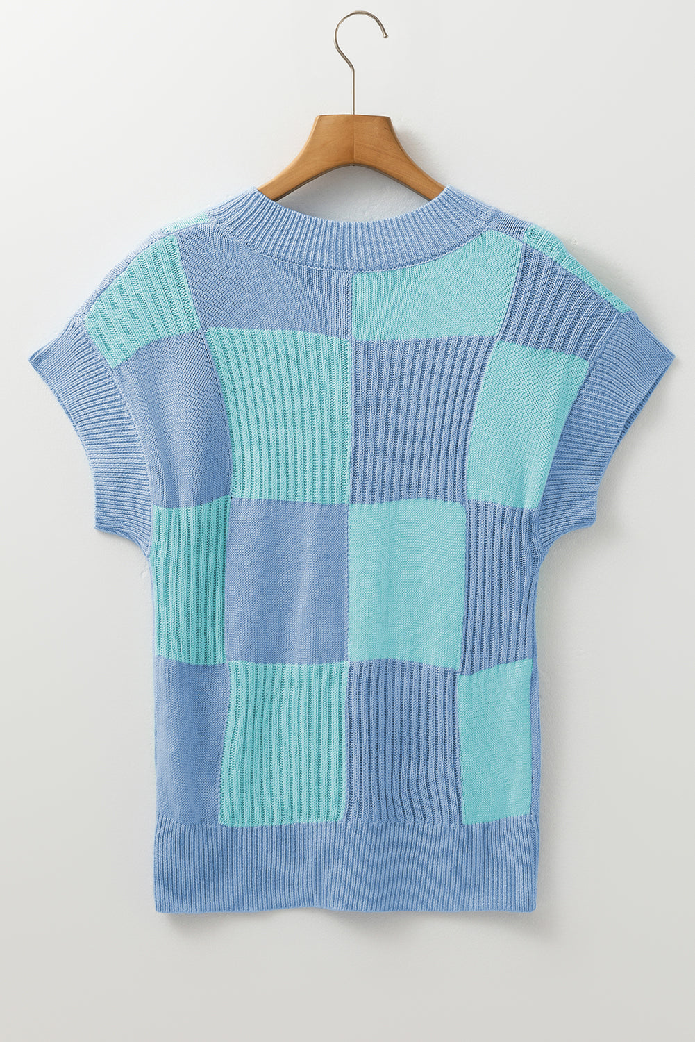 Light Blue Checkered Color Block Crew Neck Sweater. GCollection
