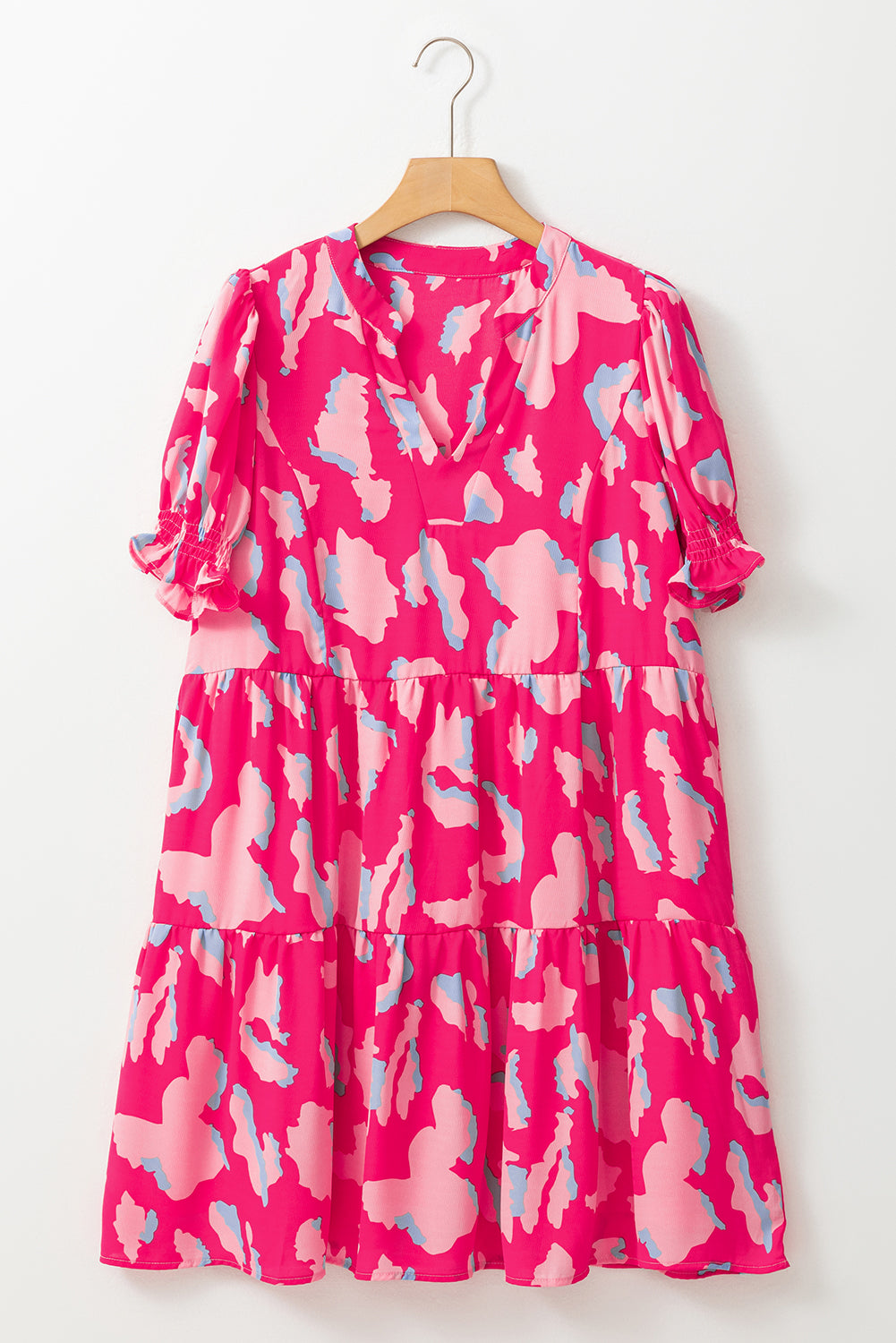 Pink Abstract Printed Puff Short Sleeve Tiered Loose Dress. GCollection