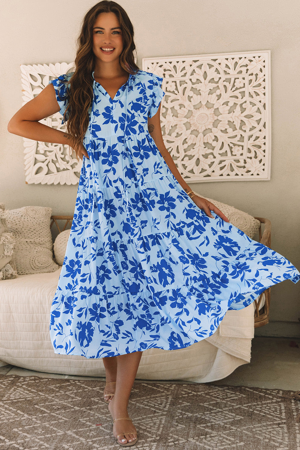 Sky Blue Floral Print Tiered Maxi Dress. GCollection