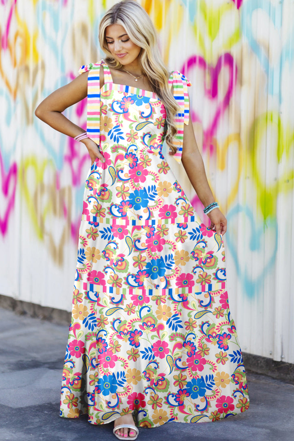 Rose Red Striped Trim Self-tie Straps Floral Maxi Dress. GCollection