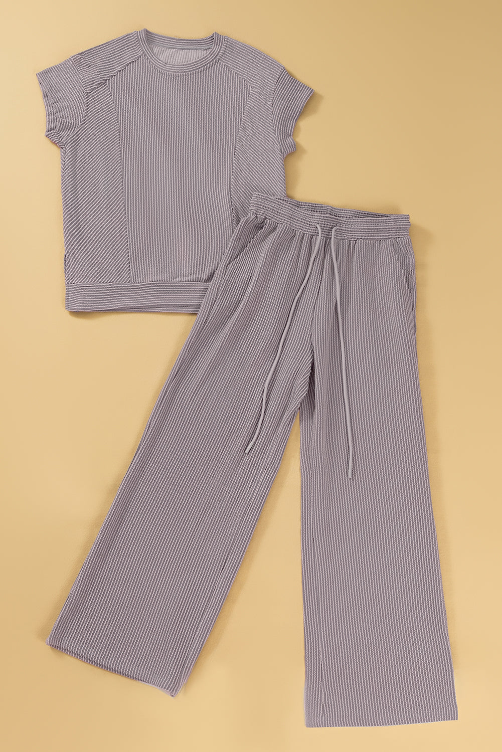 Solid Corded Knit Short Sleeve T Shirt and Wide Leg Pants Set. GCollection
