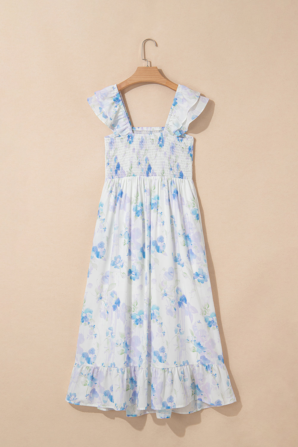 Sky Blue Floral Smocked High Waist Long Dress. GCollection
