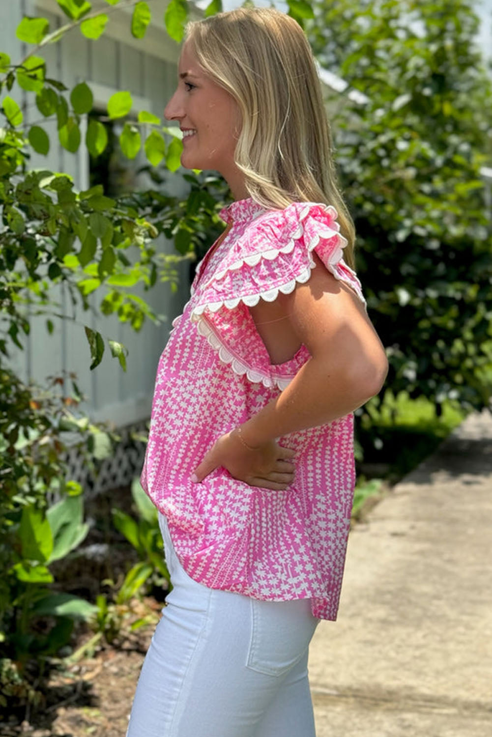 Pink Abstract Print Ric Rac Trim Blouse. GCollection