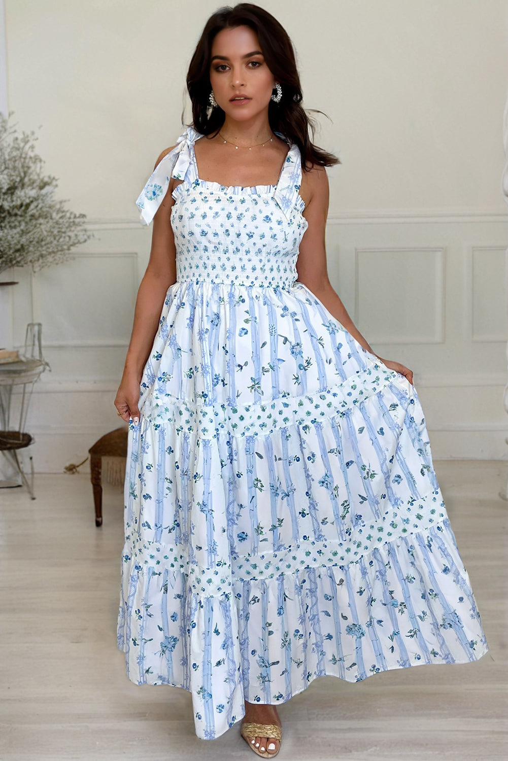 Sky Blue Floral Smocked Tied Straps A-Lined Maxi Dress. GCollection