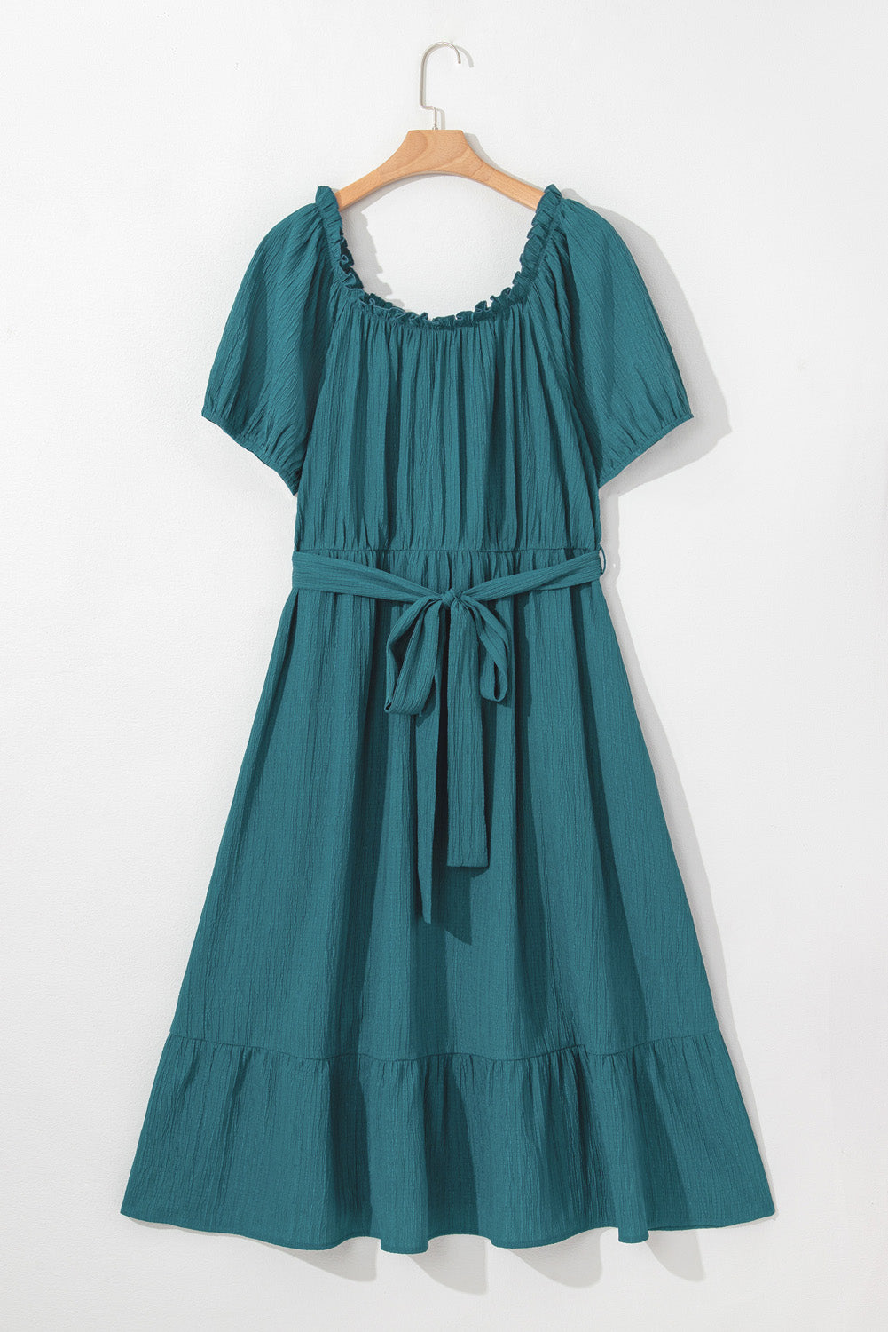 U Neck Puff Sleeve Belted Ruffle Hem Plus Size Midi Dress. PSCollection