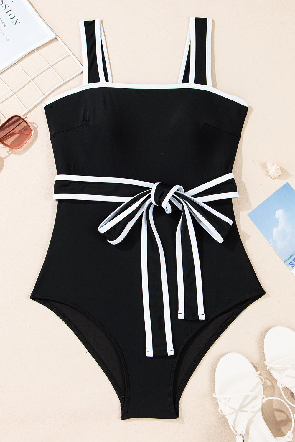 Black Colorblock Edge Belted One Piece.Swimsuit