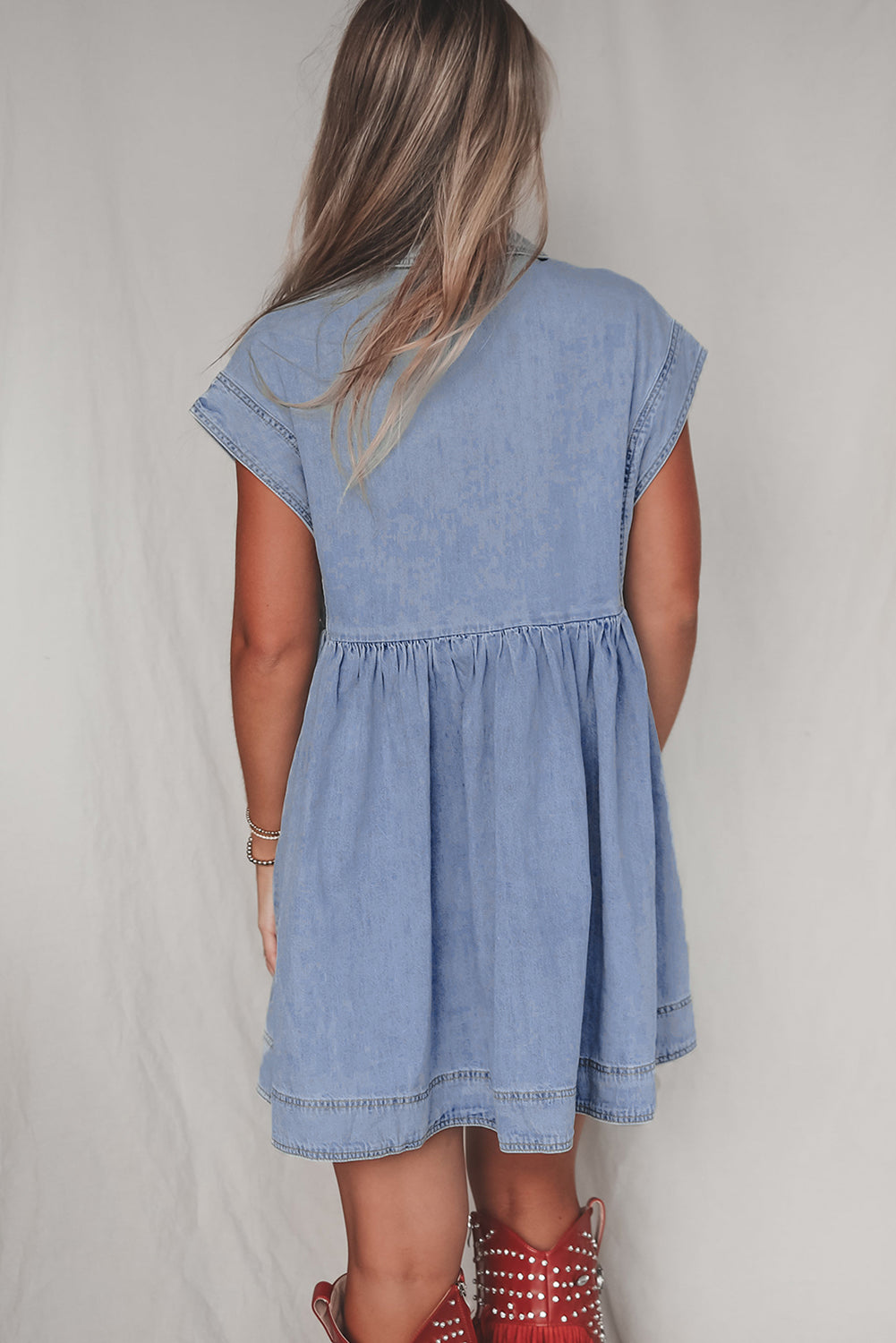 Blue Lapel Neck Cap Sleeve High Waist Denim Babydoll Dress. GCollection