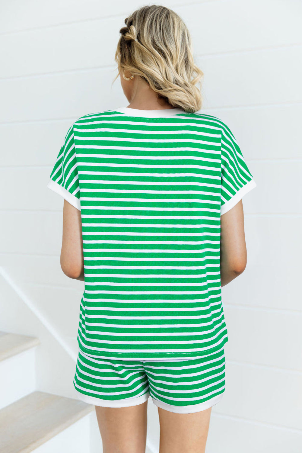 Dark Green Striped Cap Sleeve Tee and Shorts Set. GCollection