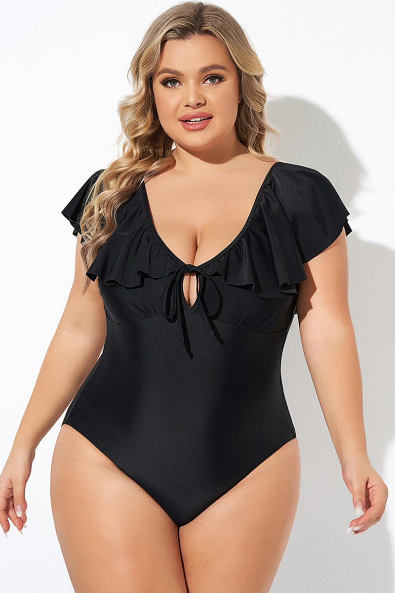 Black Ruffled Sleeve Plus Size One Piece Swimsuit. PSCollection