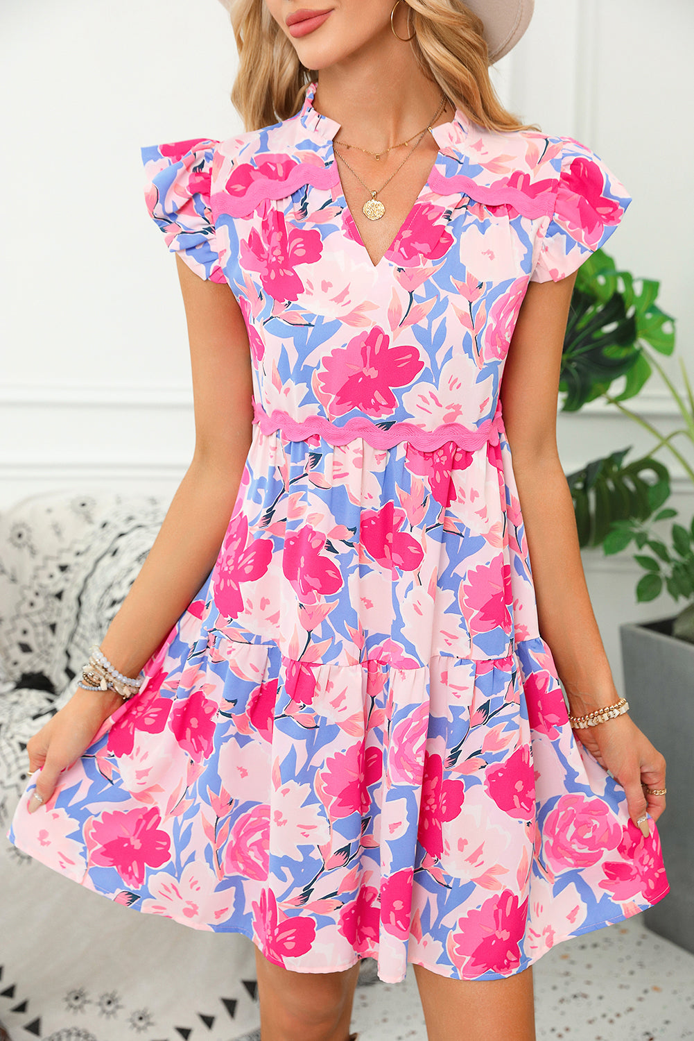 Pink Floral Printed V Notched Ric Rac Flutter Sleeve Dress. GCollection