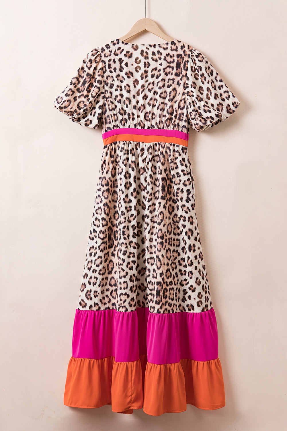 Bright Pink Leopard Colorblock Patchwork Bubble Sleeve Maxi Dress. GCollection