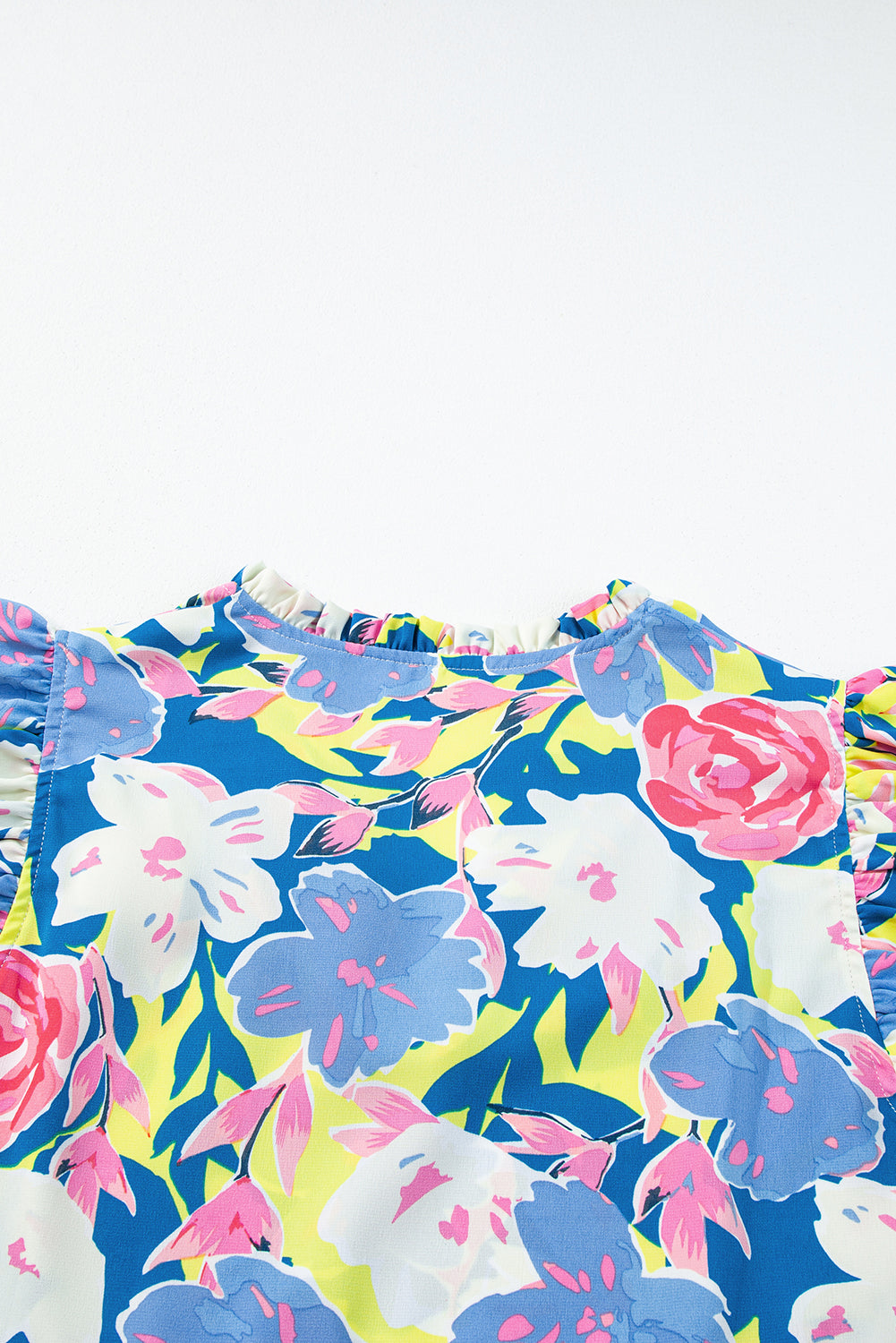 Sky Blue Floral Printed V Notched Ric Rac Flutter Sleeve Dress. GCollection