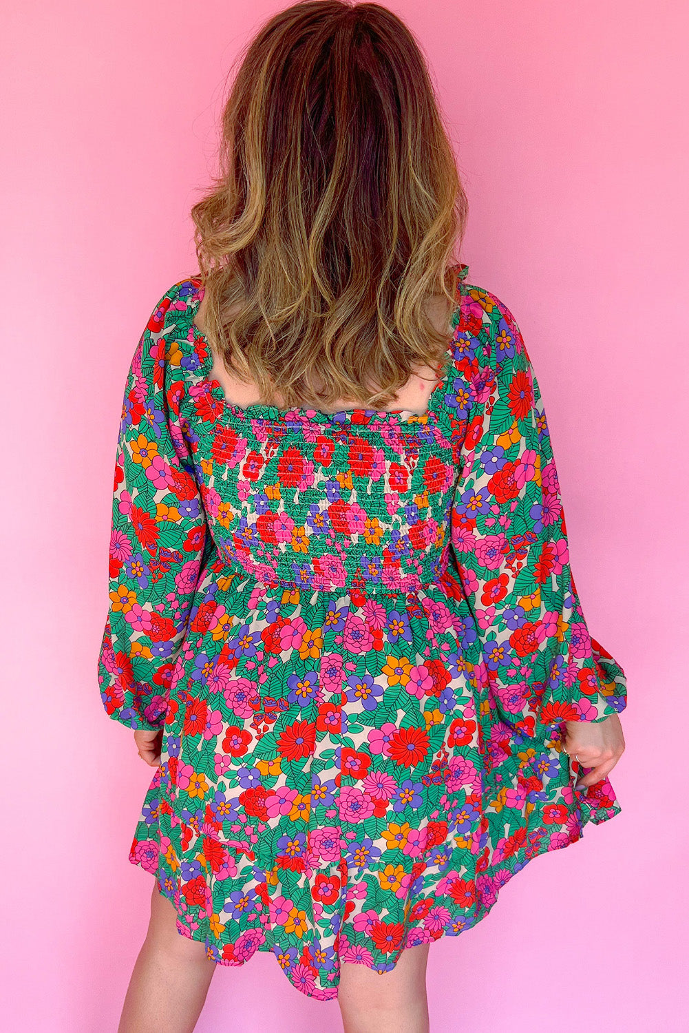 Floral Frilled Square Neck Shirred Long Sleeve Dress. PSCollection