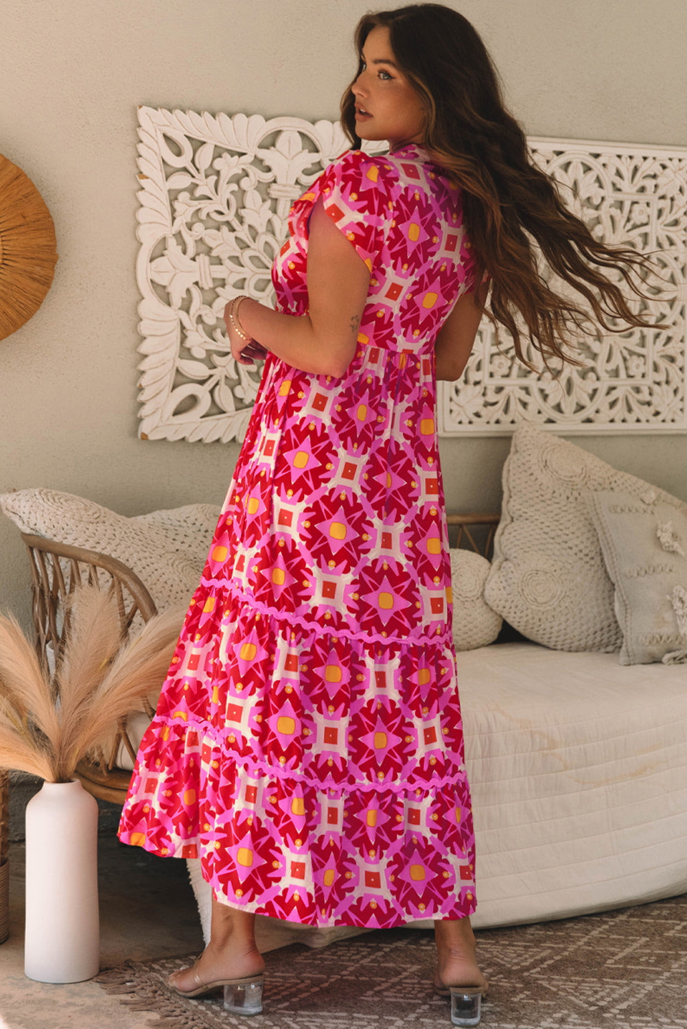 Strawberry Pink Geo Print V-neck Maxi Dress. GCollection