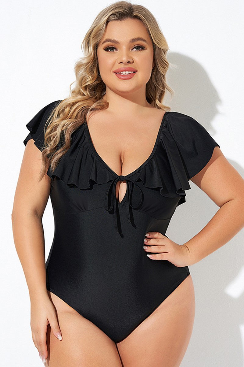 Black Ruffled Sleeve Plus Size One Piece Swimsuit. PSCollection