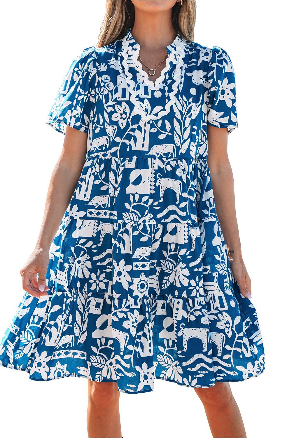 Blue Ricrac Trim Split Neck Floral Loose Dress. GCollection