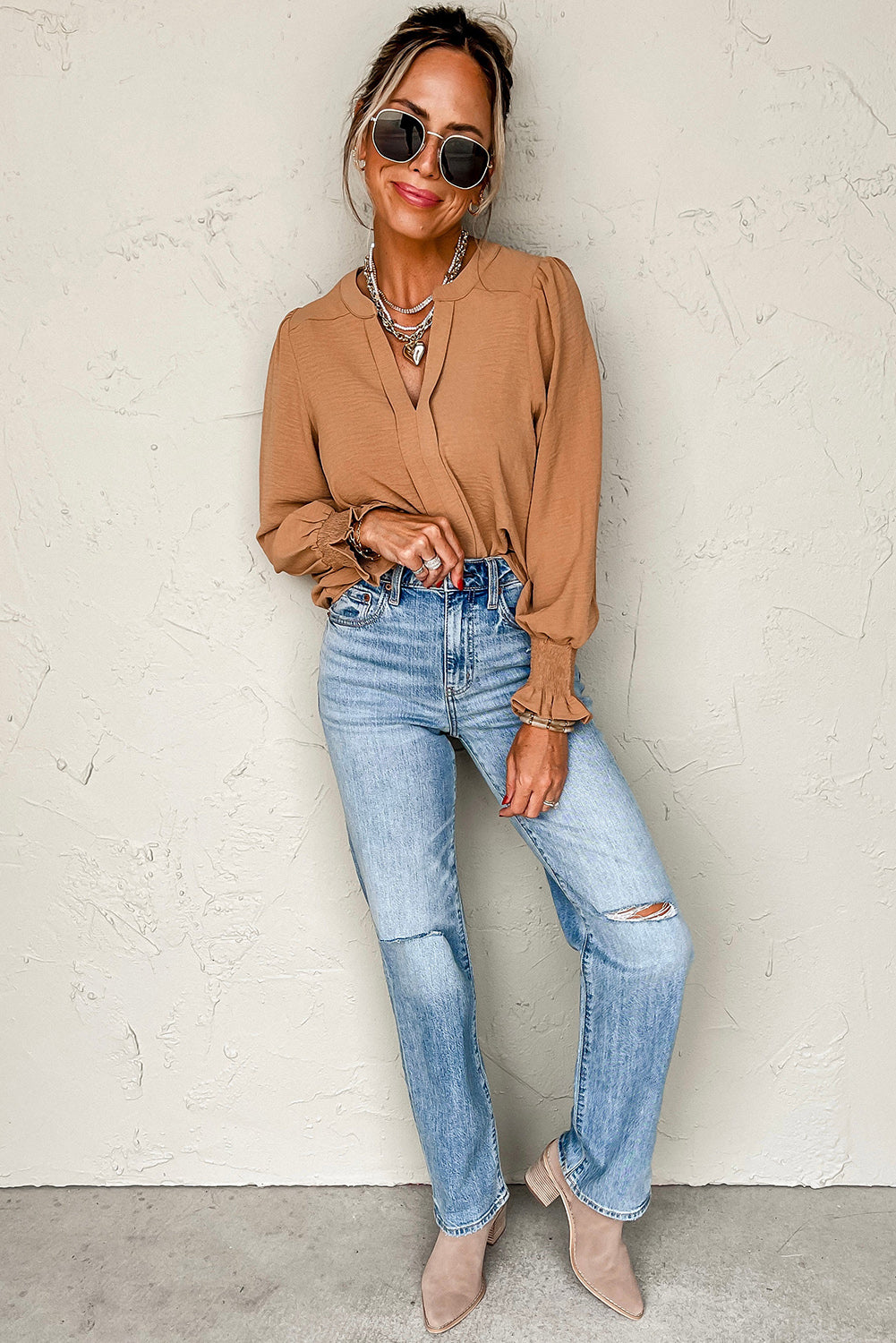 Solid Color Shirred Cuff Notch V Neck Blouse. GCollection