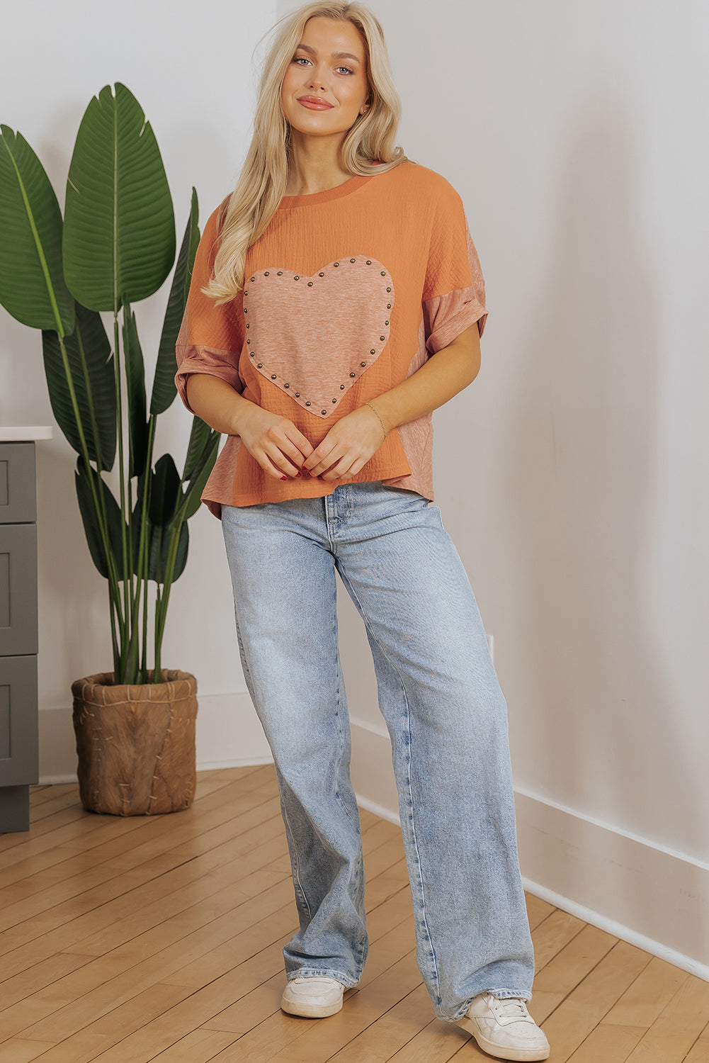 Desert Gold Stud Heart Patch Textured Top. GCollection