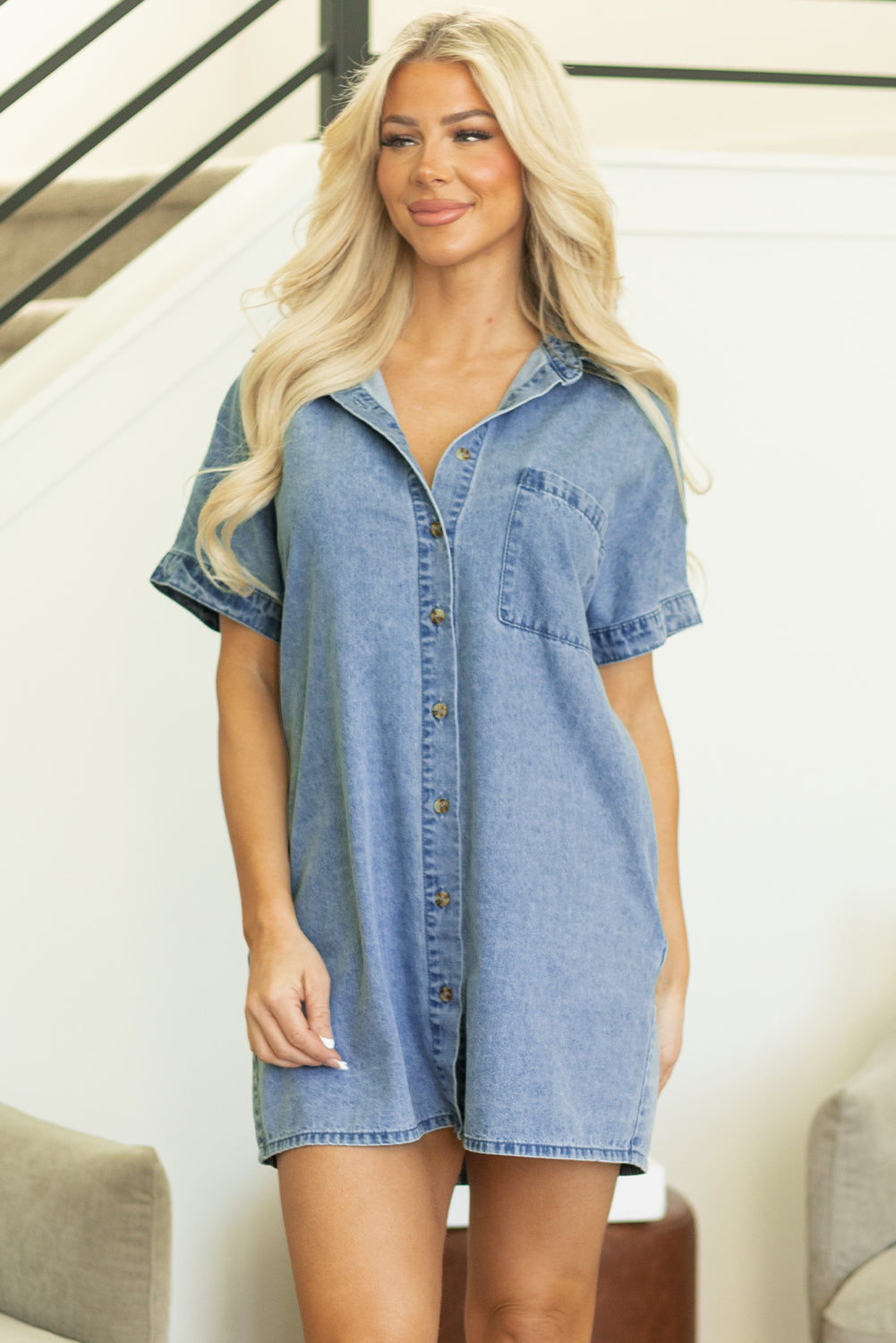 Blue Short Sleeve Pocketed Button up Denim Dress. GCollection