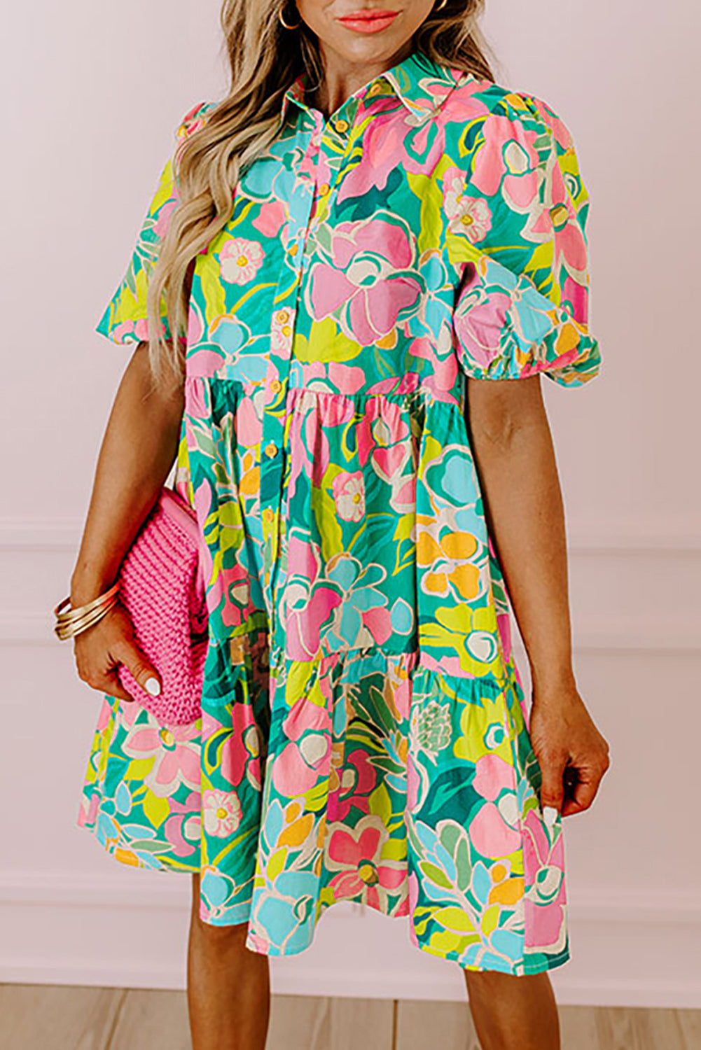 Green Floral Puff Sleeve Collar Buttoned Babydoll Dress. GCollection