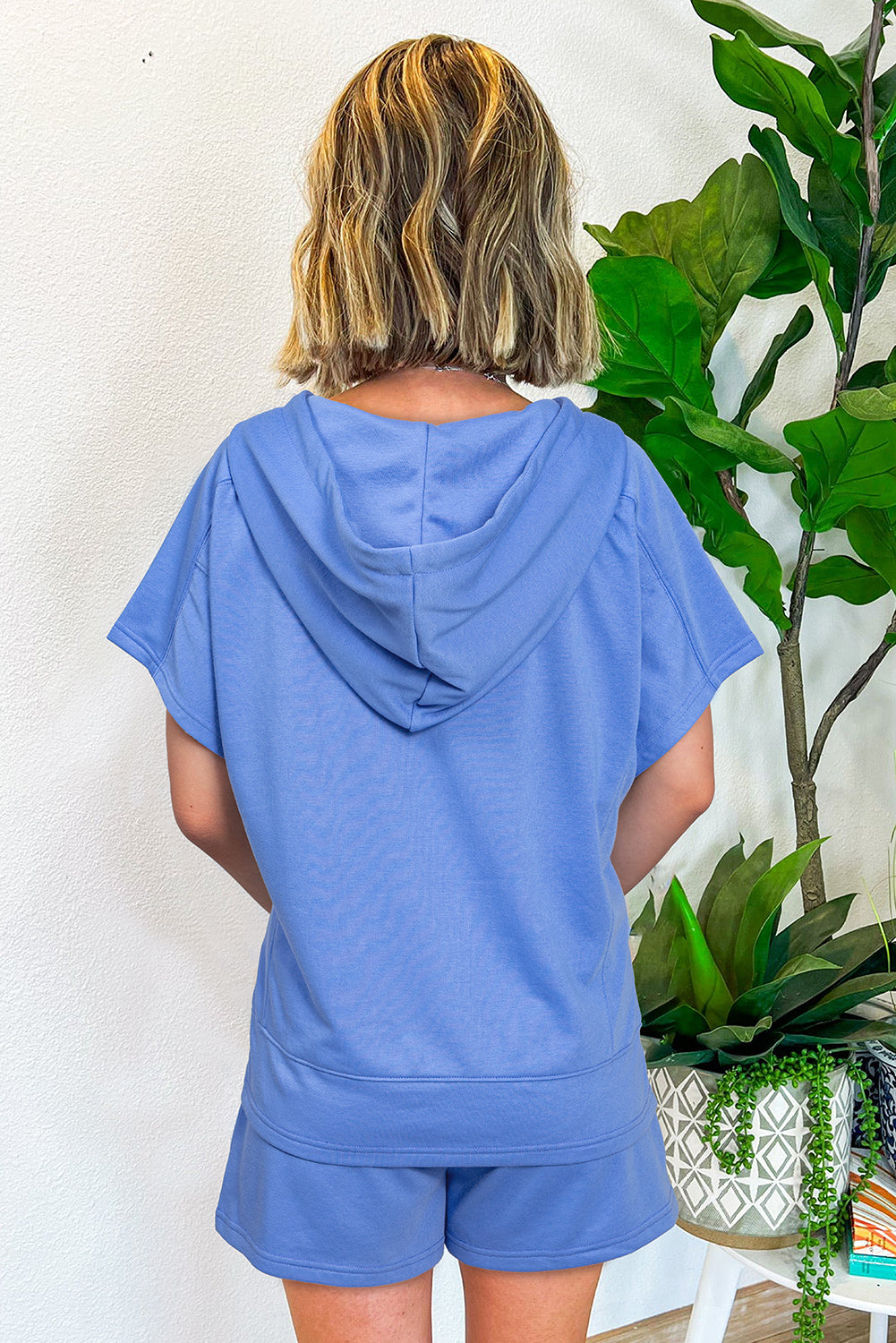Sky Blue Casual Zipped Short Sleeve Hoodie and Shorts Set. GCollection