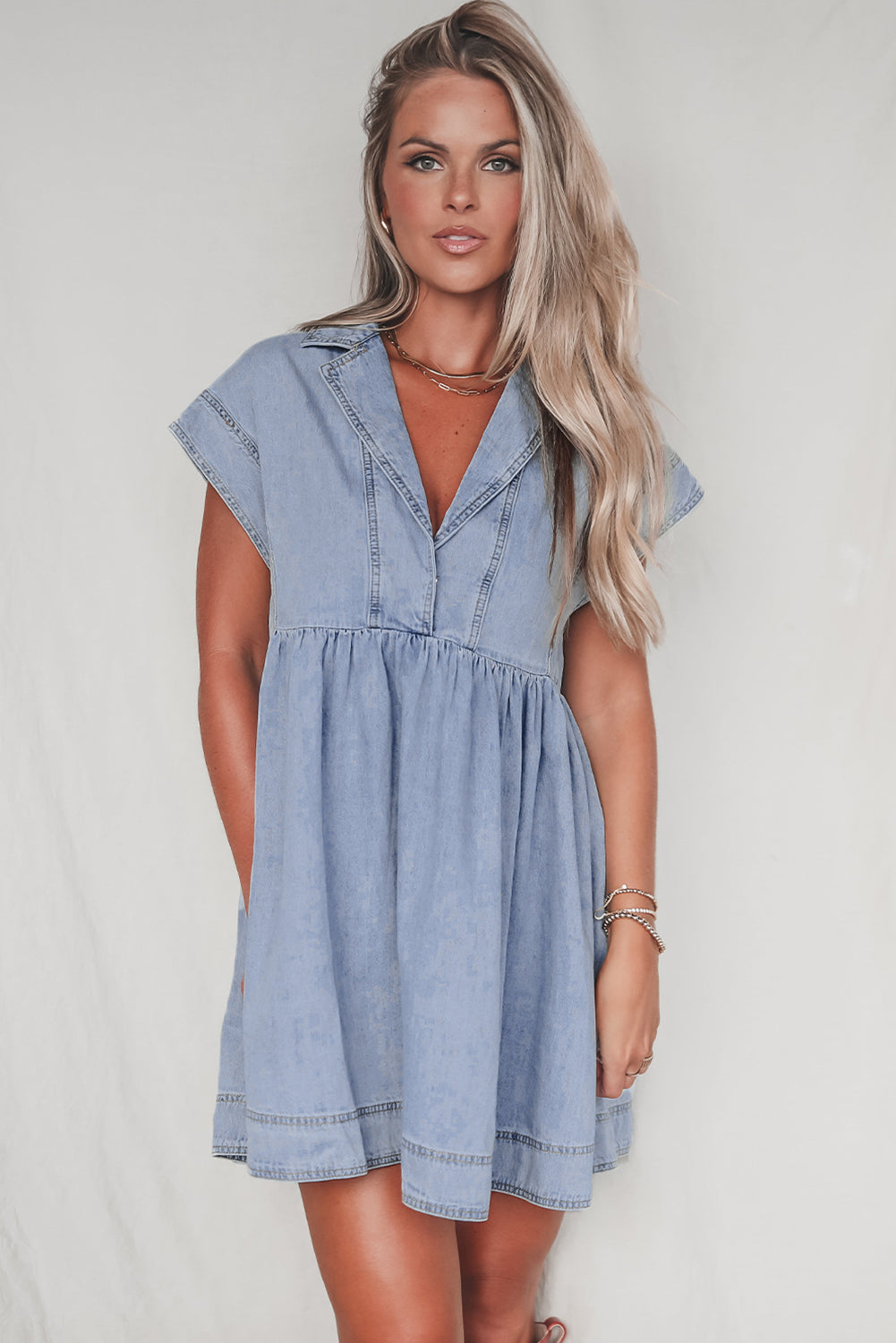 Blue Lapel Neck Cap Sleeve High Waist Denim Babydoll Dress. GCollection