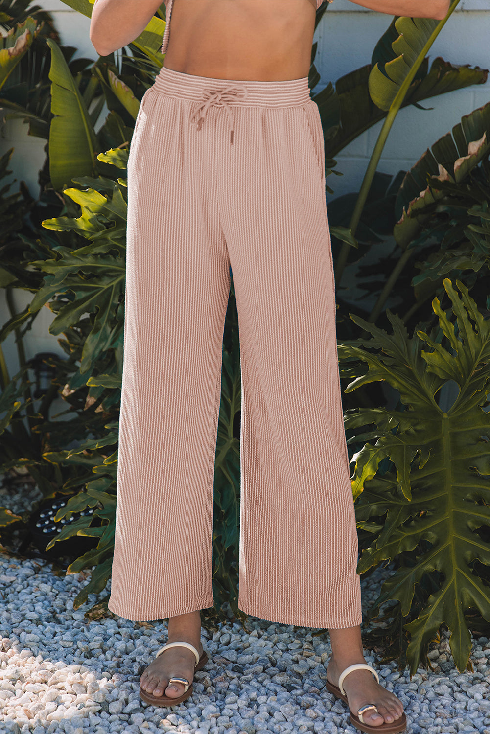 Smoke Gray Solid Corded Knit Short Sleeve T Shirt and Wide Leg Pants Set. GCollection
