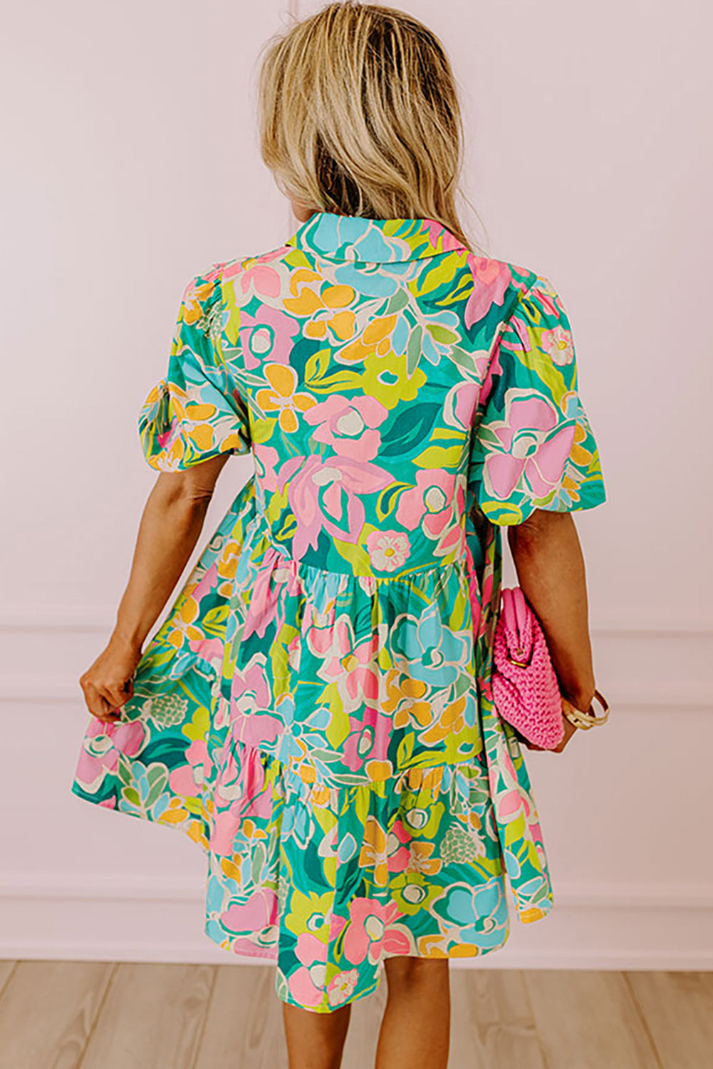 Green Floral Puff Sleeve Collar Buttoned Babydoll Dress. GCollection