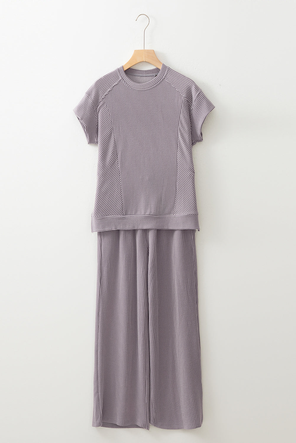 Solid Corded Knit Short Sleeve T Shirt and Wide Leg Pants Set. GCollection