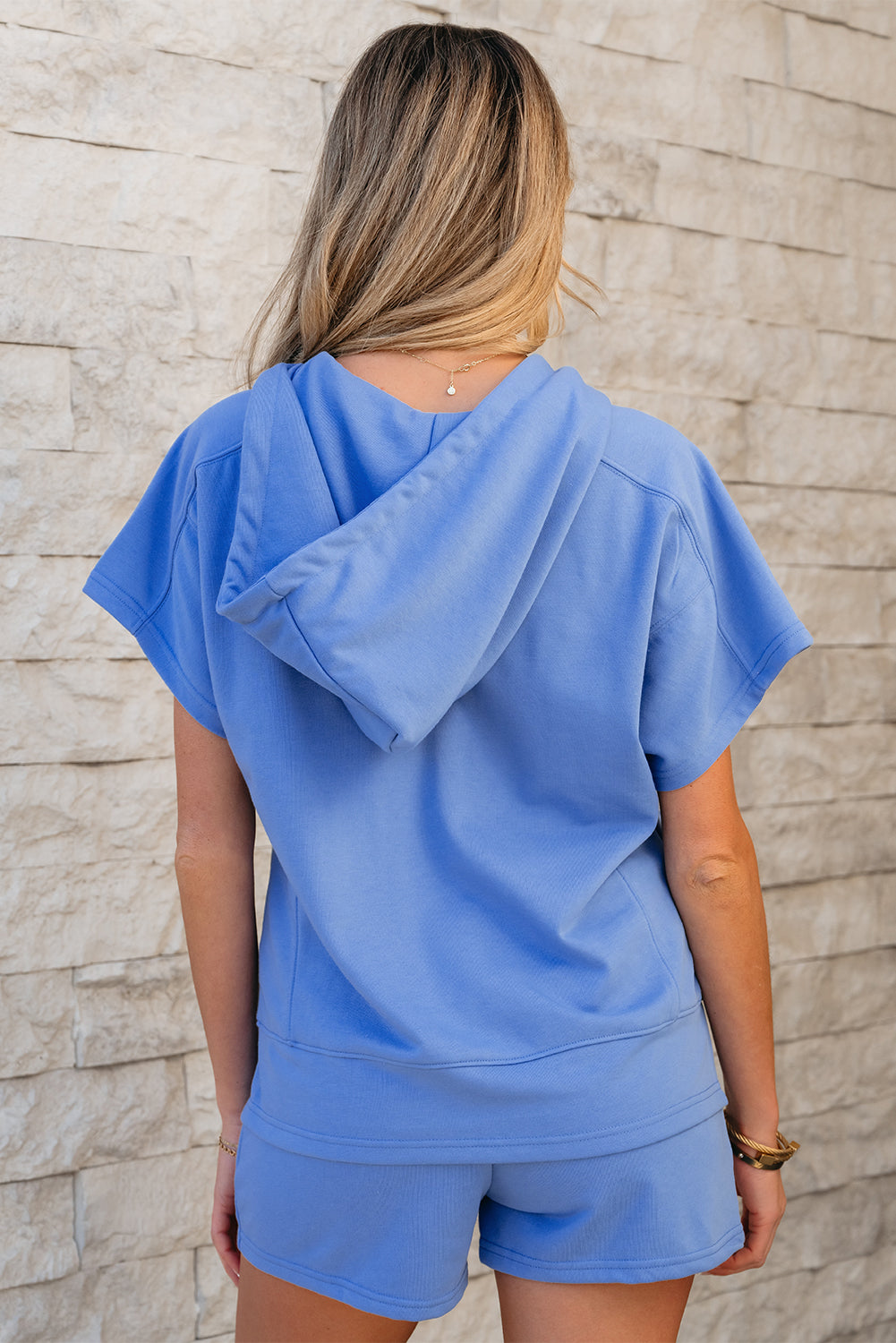 Sky Blue Casual Zipped Short Sleeve Hoodie and Shorts Set. GCollection