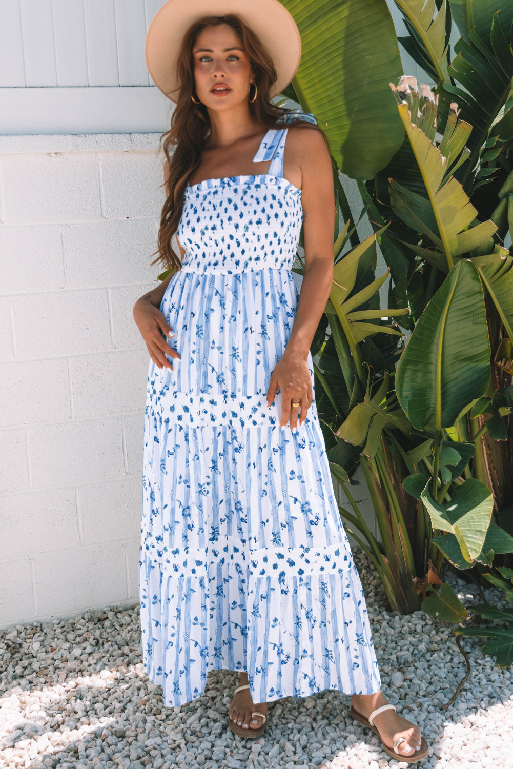 Sky Blue Floral Smocked Tied Straps A-Lined Maxi Dress. GCollection