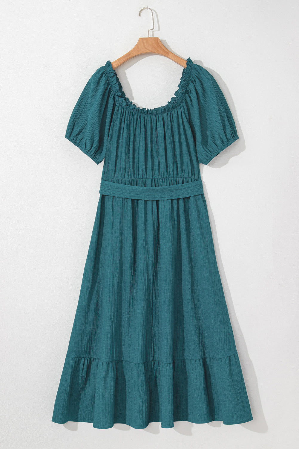U Neck Puff Sleeve Belted Ruffle Hem Plus Size Midi Dress. PSCollection