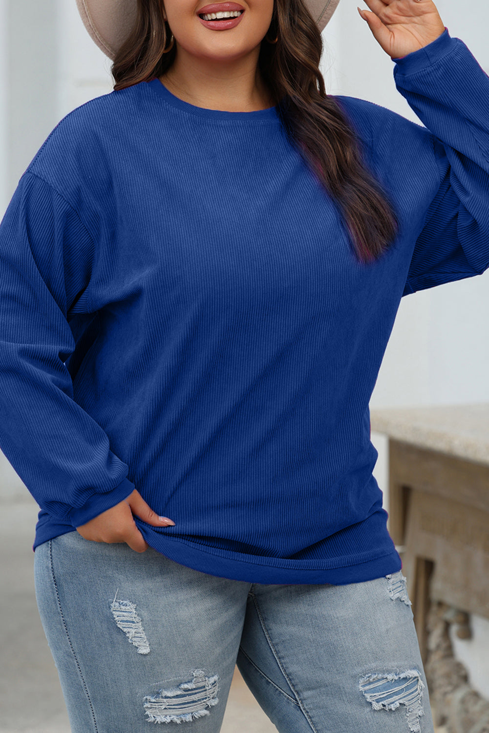 Dark Blue Ribbed Corduroy Oversized Sweatshirt. GCollection. PSCollection