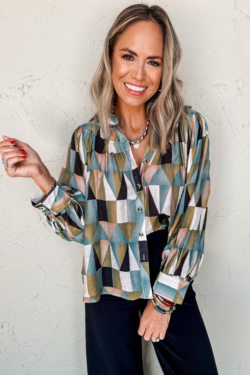 Green Geometric Balloon Sleeve Loose Fit Shirt. GCollection