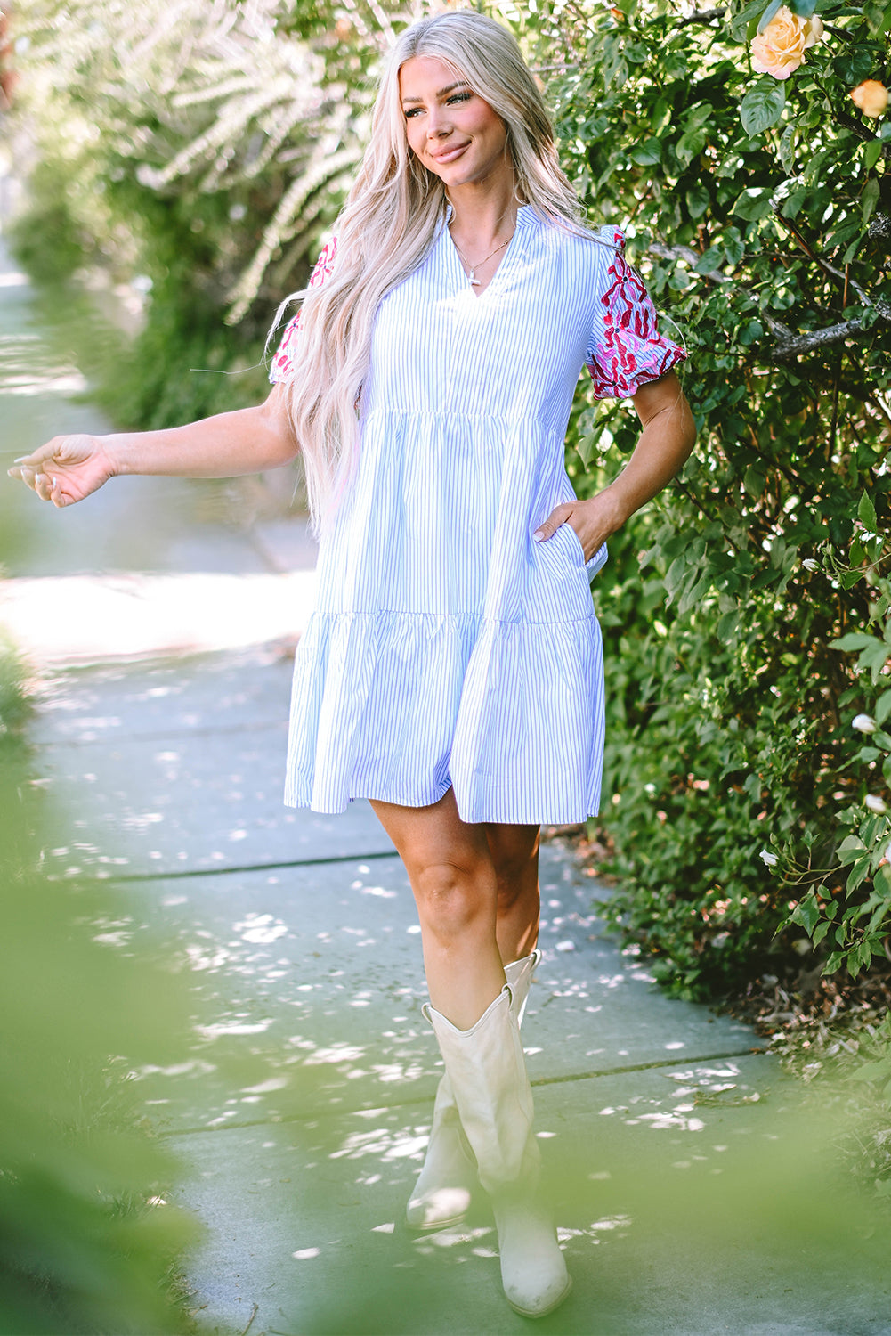 Sky Blue Stripe Contrast Floral Puff Sleeve Tiered Ruffle Dress. GCollection