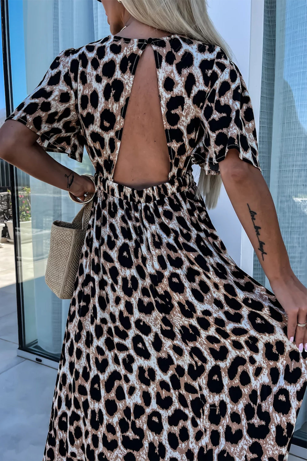 Leopard V Neck Cinched High Waist Open Back Maxi Dress. GCollection