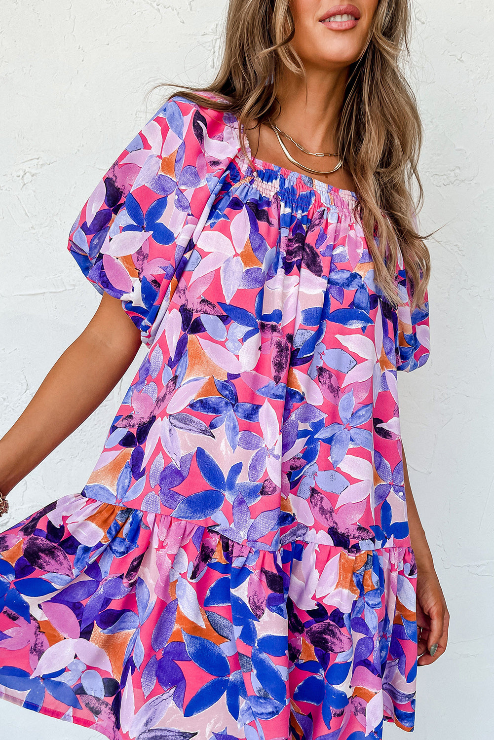 Purple Flower Print Short Puff Sleeve Ruffled Dress. GCollection