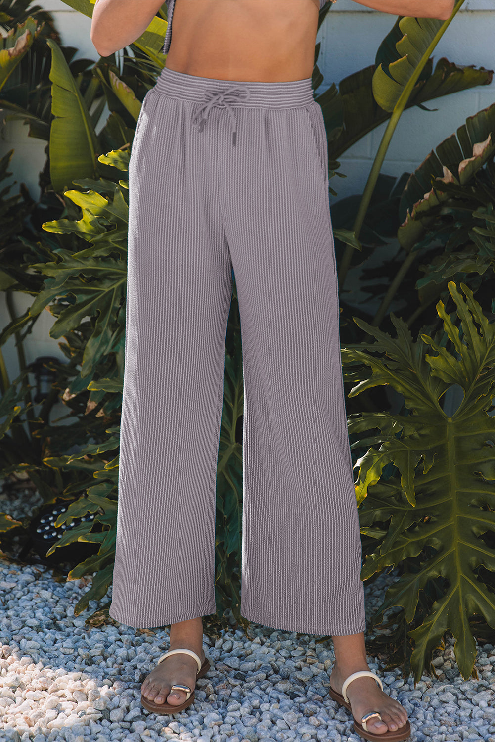 Solid Corded Knit Short Sleeve T Shirt and Wide Leg Pants Set. GCollection