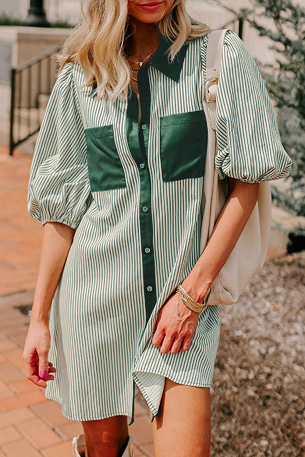 Green Patch Puff Sleeve Dress. GCollection