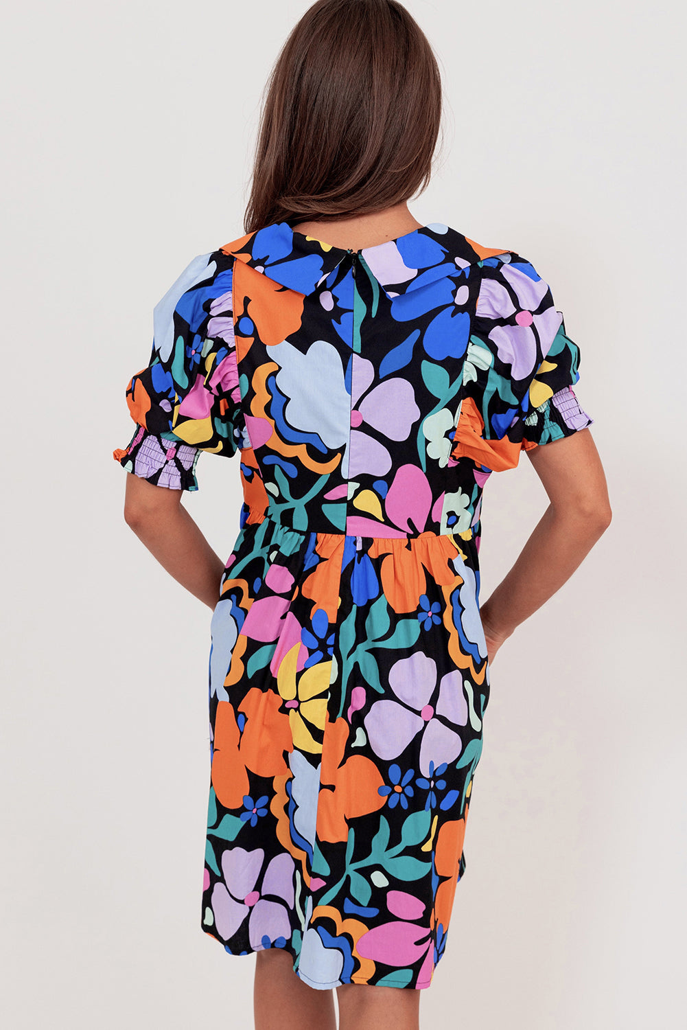 Blue Collared Split Neck Floral Flared Dress. GCollection